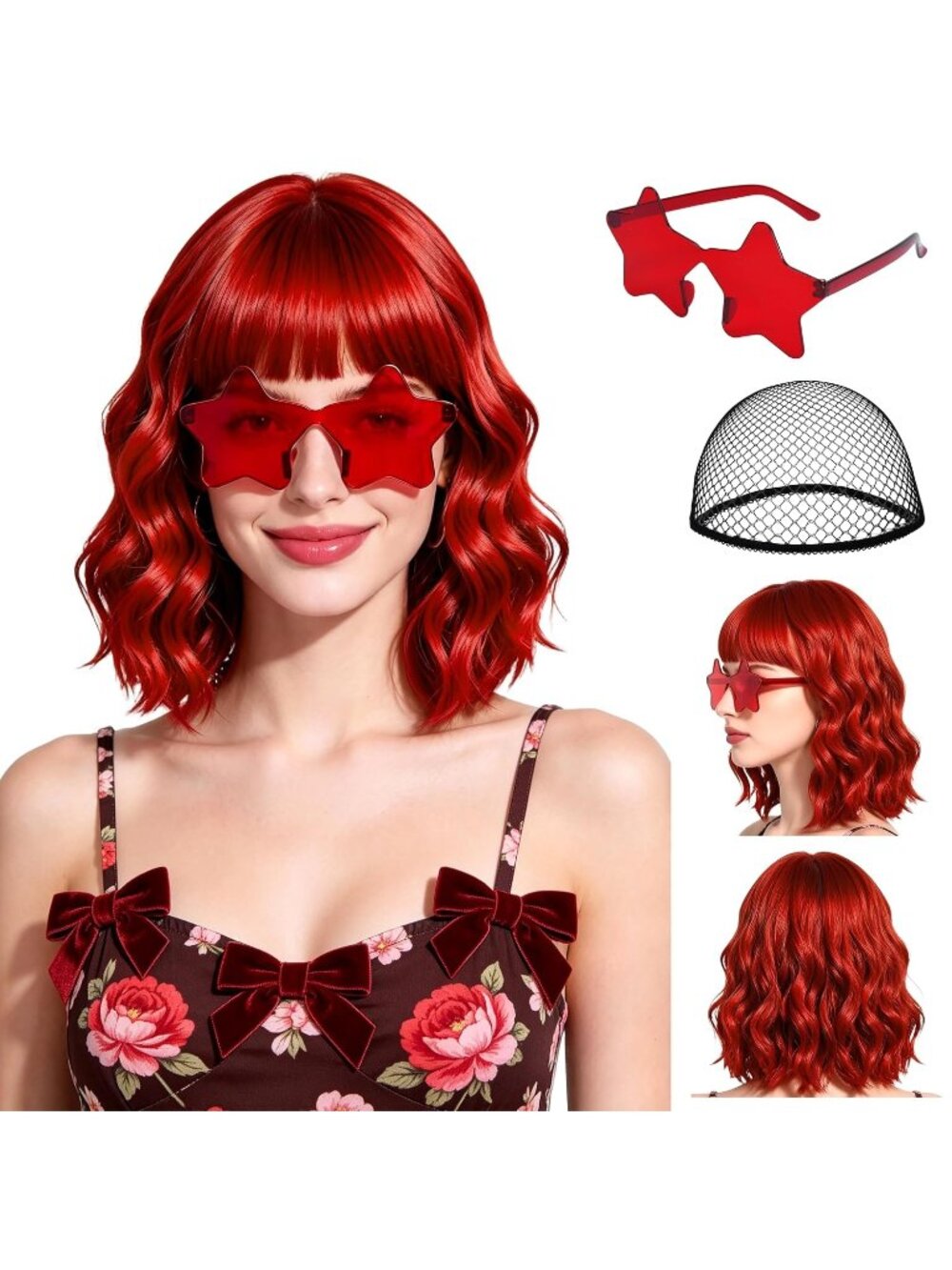 Women's Burgundy Short Wavy Bob Bangs 15.7 Inch Heat Resistant Synthetic Wig